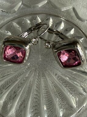 Vintage Joan Rivers Silver-Tone Pink Cushion Cut Crystals Drop Earrings